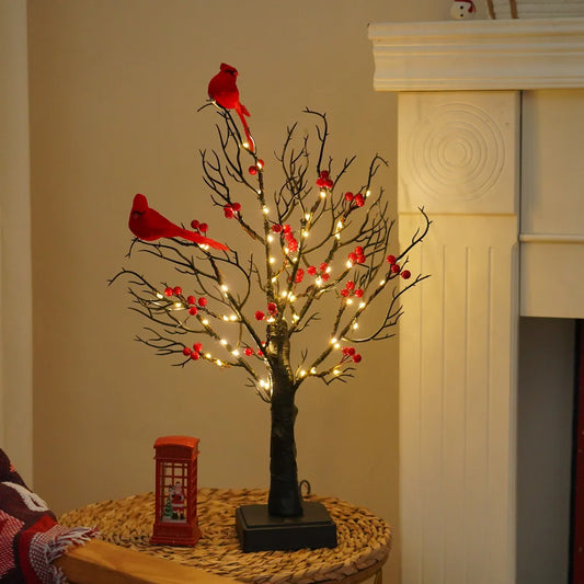 60 LED Pre-Lit Birch Twig Christmas Tree with Birds – Battery or USB Powered