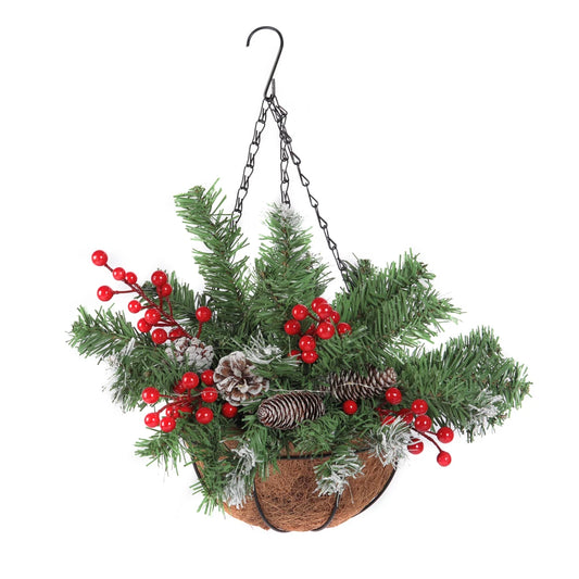 Christmas decorative artificial hanging basket with frosted pine cones and mixed plant ornaments Christmas hanging basket