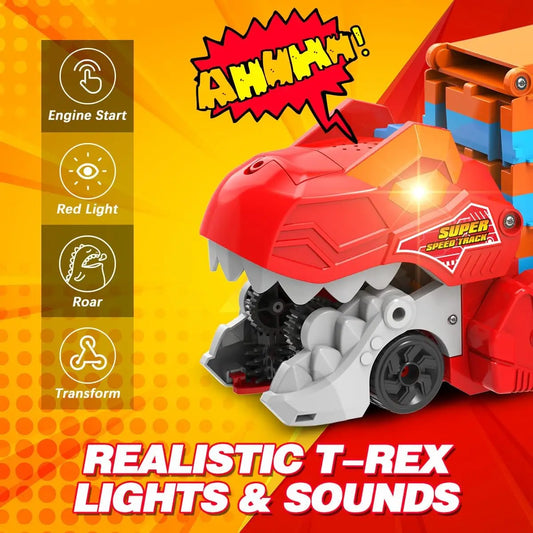 Dinosaur 3-In-1 Transport Truck Car Toys for Boys Age 3+ 8 Race Cars Ejection Folding Portable Track Toy with Sound for Kids