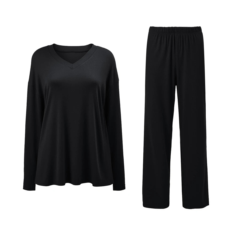 Modishion Women's V-neck long-sleeved pajamas home wear set loose and comfortable simple and fashionable Sleepwear