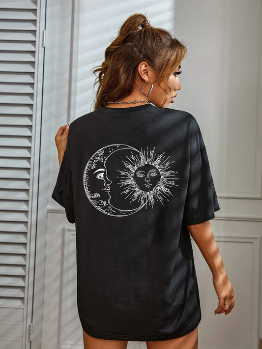 New Fashionable Casual Black T-shirt Clothing Simple Round Neck Short Sleeve Women's Top Loose Printed T-shirt