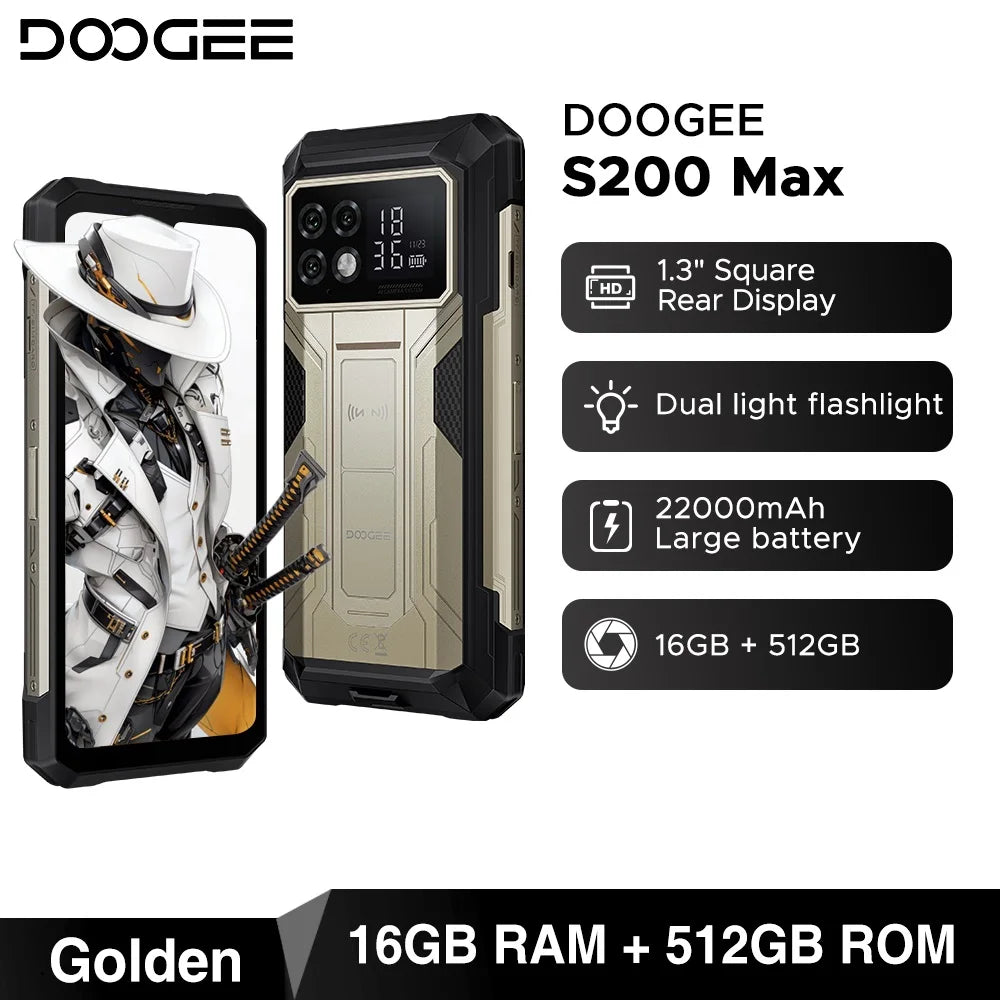 DOOGEE S200 Max 5G Rugged Phone Dual light Flashlight 16GB 512GB 22000mAh 66W 1.32" Rear Display 6.72” 120Hz NFC Smartphone