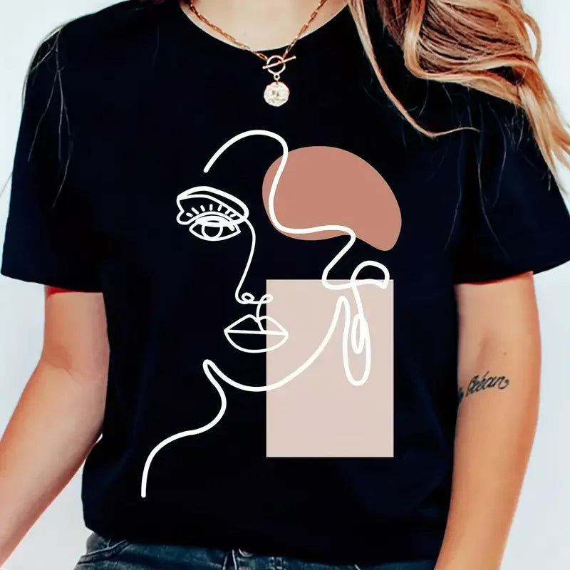 Simple Line Pattern Women's Face Printing tees Women T-Shirts Casual Soft Short Sleeve Tops Loose Comfortable Clothes