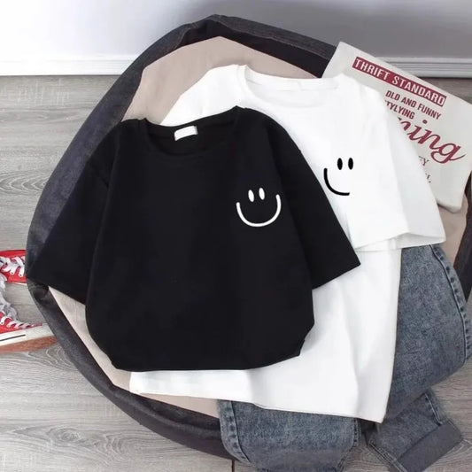 Pure white smiling face children's short-sleeved T-shirt loose basic summer versatile base dressing fresh and simple