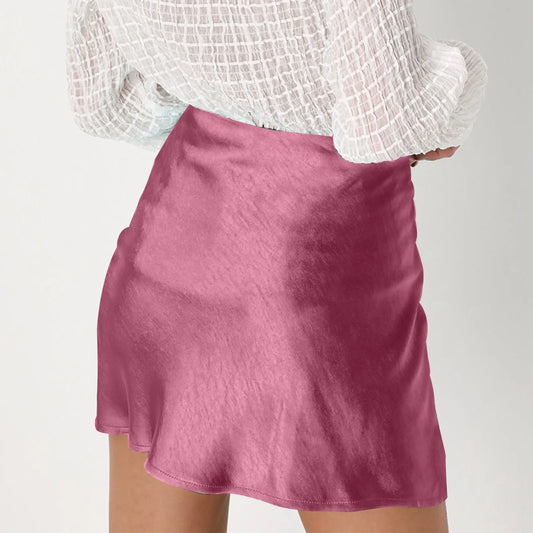 High Waist Zipper Satin Ribbon Lined Skirt For Lady Fashion Solid Color Lightweight Verrsatile Summer A-line Half Skirt