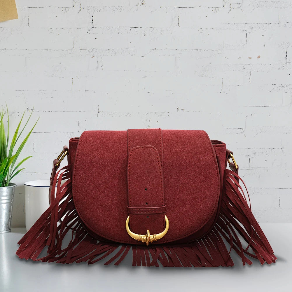 Women Suede Crossbody Bag with Tassels Shoulder Bag Zipper Closure Handbag Satchel Bag for Work Travel