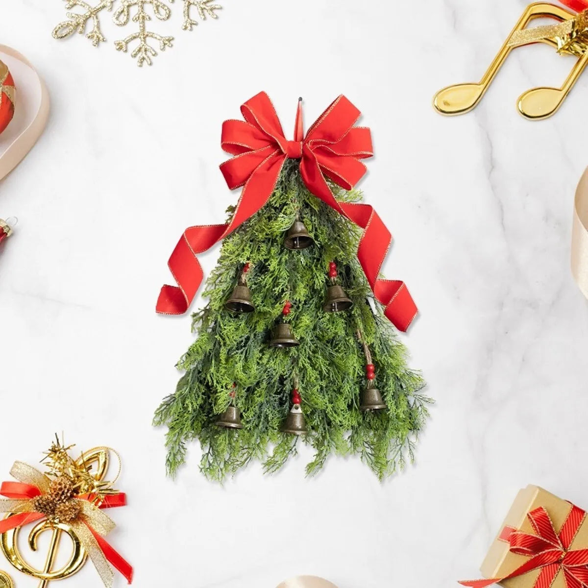 Christmas Wreath Artificial Gold Decorated Door Decoration With Bows Pendant