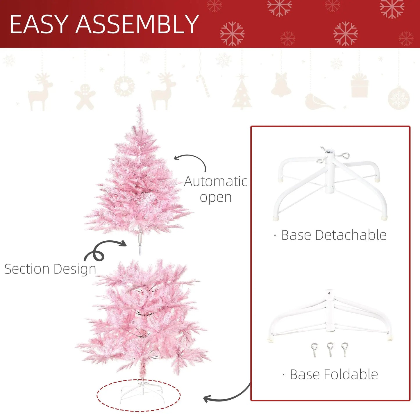 5FT Pink Artificial Christmas Tree with Automatic Open for Holiday for home Party Decoration