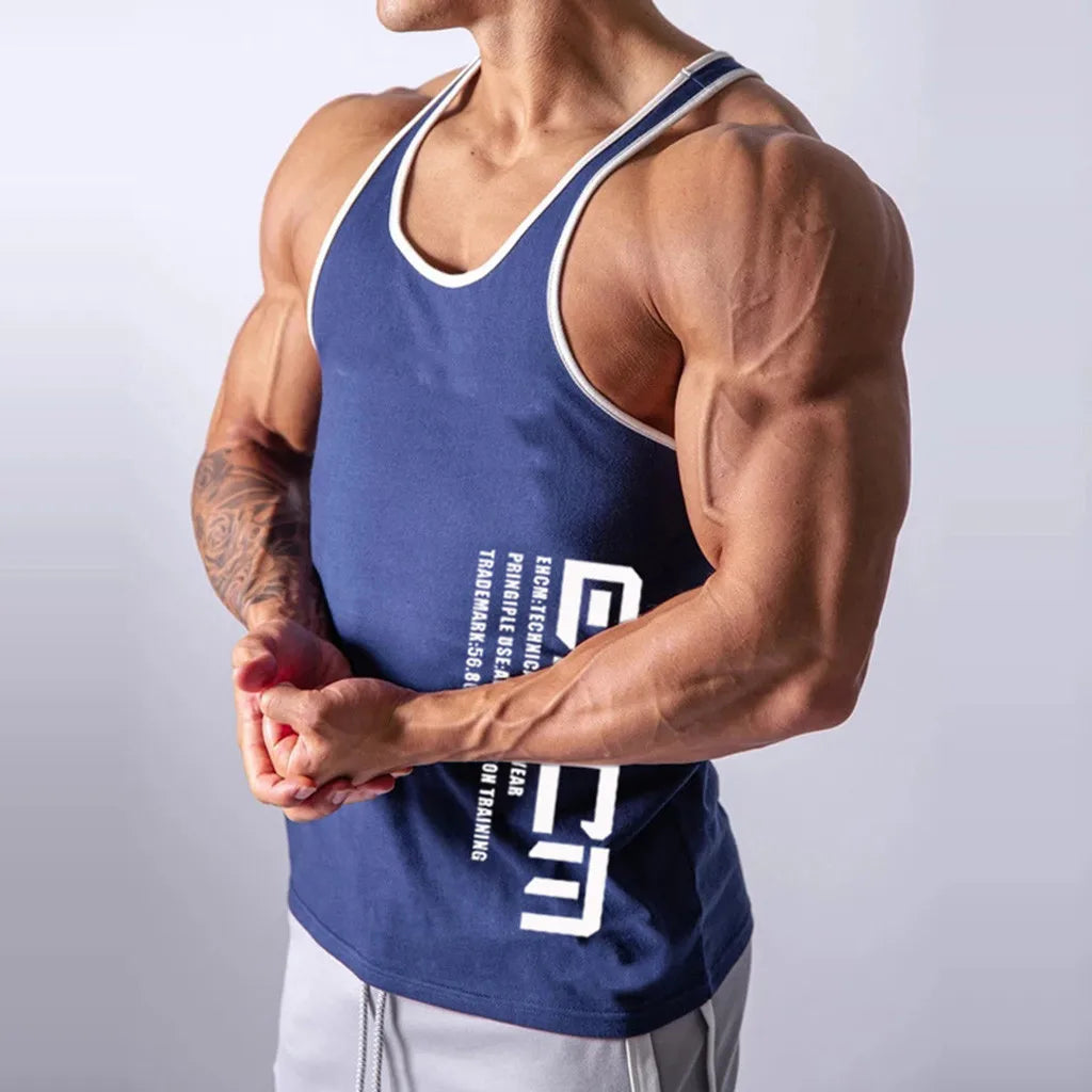 Summer Tight Letter Embroidered Fashion Casual Deep Round Neck Sleeveless Outdoor Running Fitness Sports Tank Top For Male