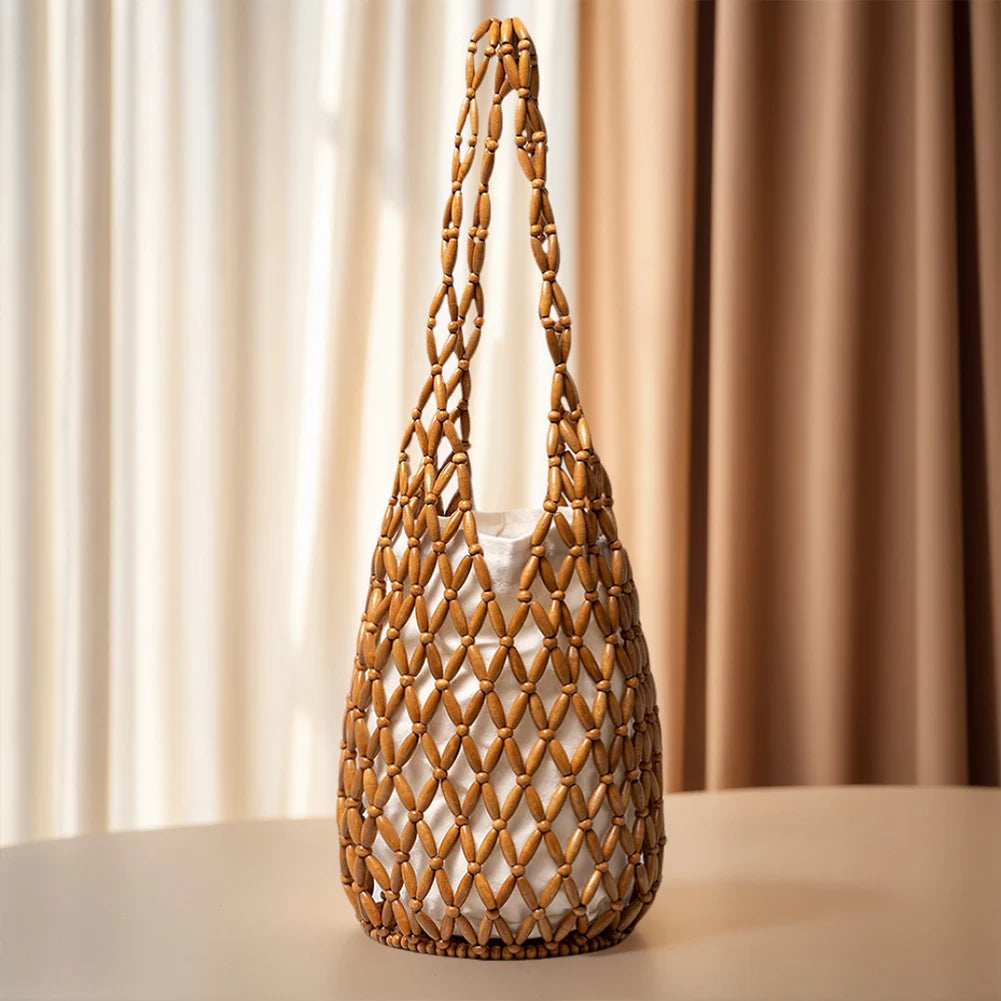 Women Hollow-out Shoulder Bags Woven Hand Bag Wooden Bead Tote Handbag Beach Top-Handle Bags Summer Netted Canvas Bucket Bags
