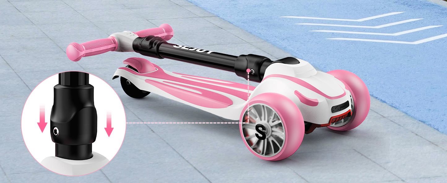 Sejoy Baby Scooter 2-8 Years with LED Wheels Adjustable Height Foldable Design & Dual Modes - Military-Grade Frame