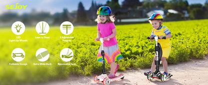 Sejoy Baby Scooter 2-8 Years with LED Wheels Adjustable Height Foldable Design & Dual Modes - Military-Grade Frame