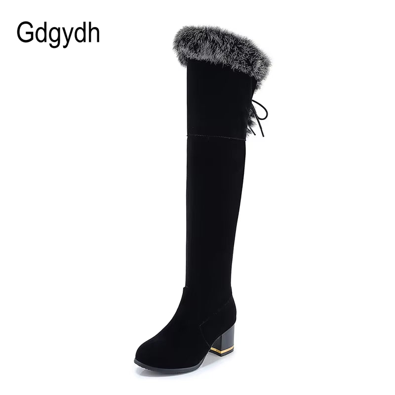 Natural Fur Winter Boots Women Knee High Long Boots Square Heel Winter Shoes Woman Waterproof Rubber Sole plus Size 46