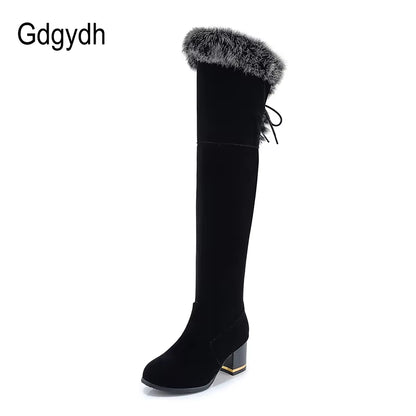 Natural Fur Winter Boots Women Knee High Long Boots Square Heel Winter Shoes Woman Waterproof Rubber Sole plus Size 46