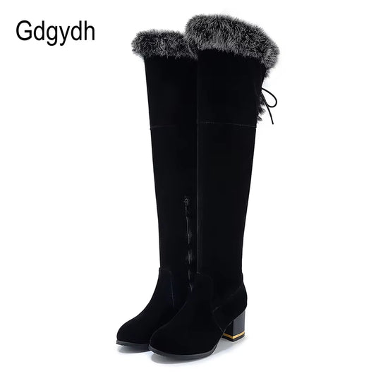 Natural Fur Winter Boots Women Knee High Long Boots Square Heel Winter Shoes Woman Waterproof Rubber Sole plus Size 46