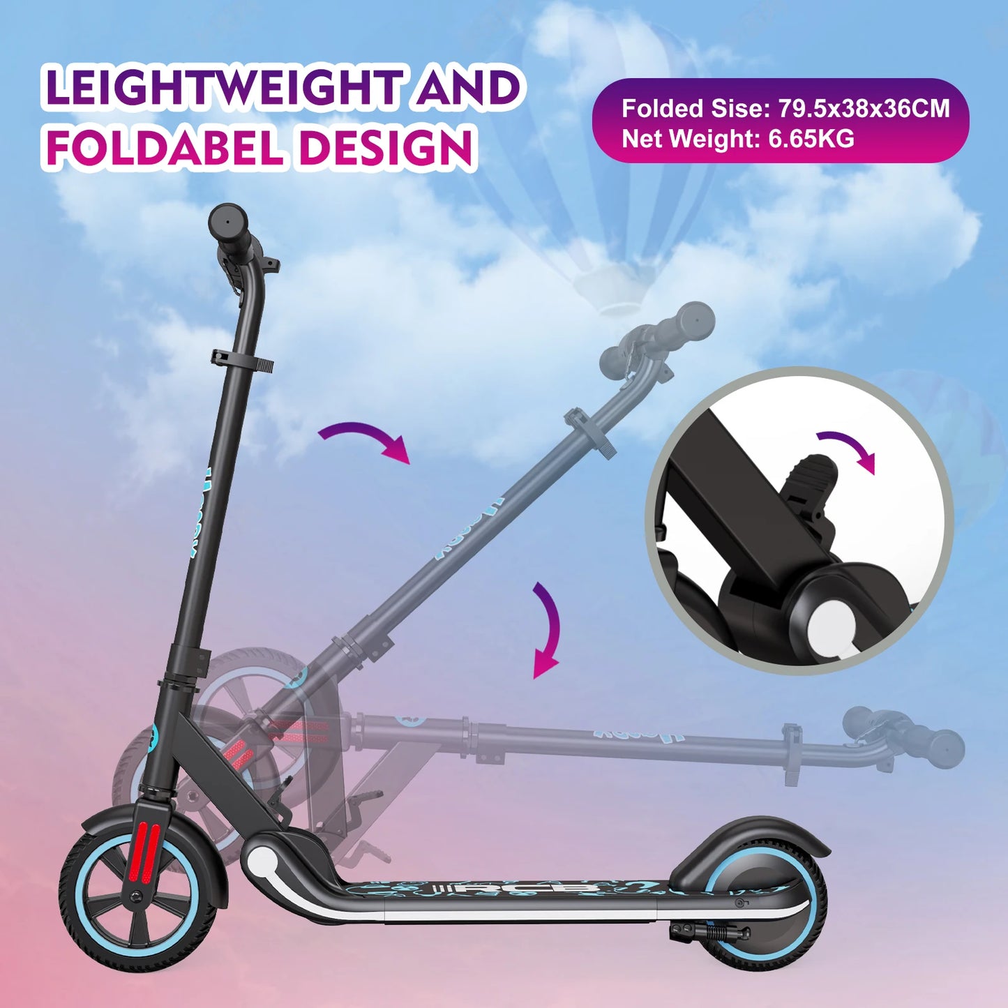 RCB Electric Scooter for Kids Ages 6-12 Years,  Up to 16KM/H & 8KM, LED Display, Colorful LED Lights, Lightweight Kids E Scooter