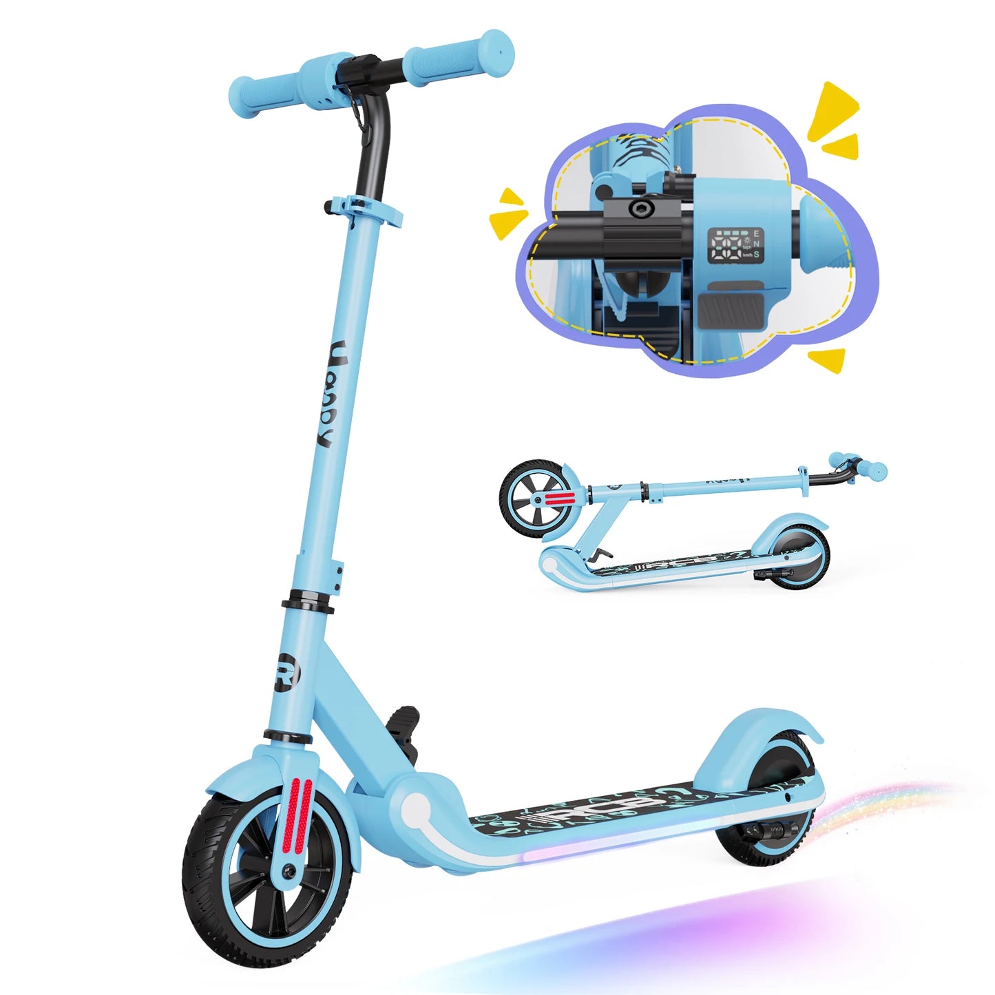 RCB Electric Scooter for Kids Ages 6-12 Years,  Up to 16KM/H & 8KM, LED Display, Colorful LED Lights, Lightweight Kids E Scooter