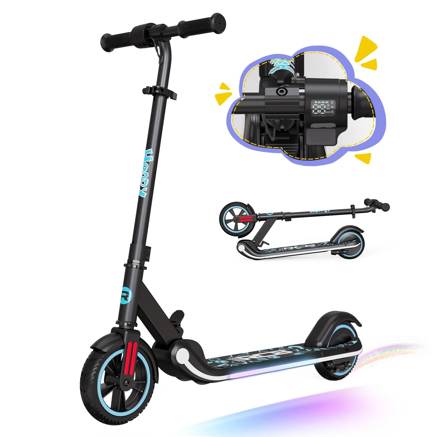 RCB Electric Scooter for Kids Ages 6-12 Years,  Up to 16KM/H & 8KM, LED Display, Colorful LED Lights, Lightweight Kids E Scooter