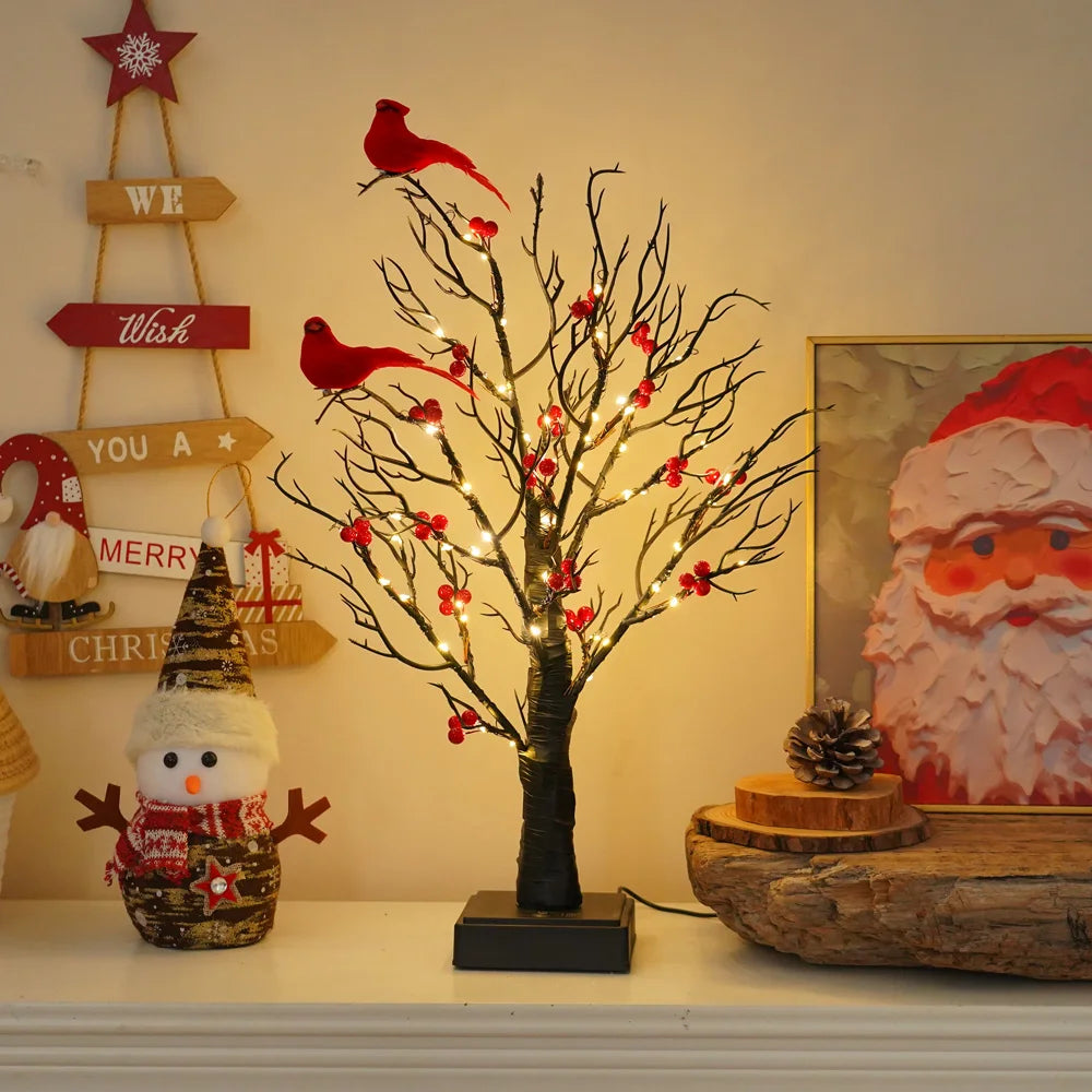 60 LED Pre-Lit Birch Twig Christmas Tree with Birds – Battery or USB Powered