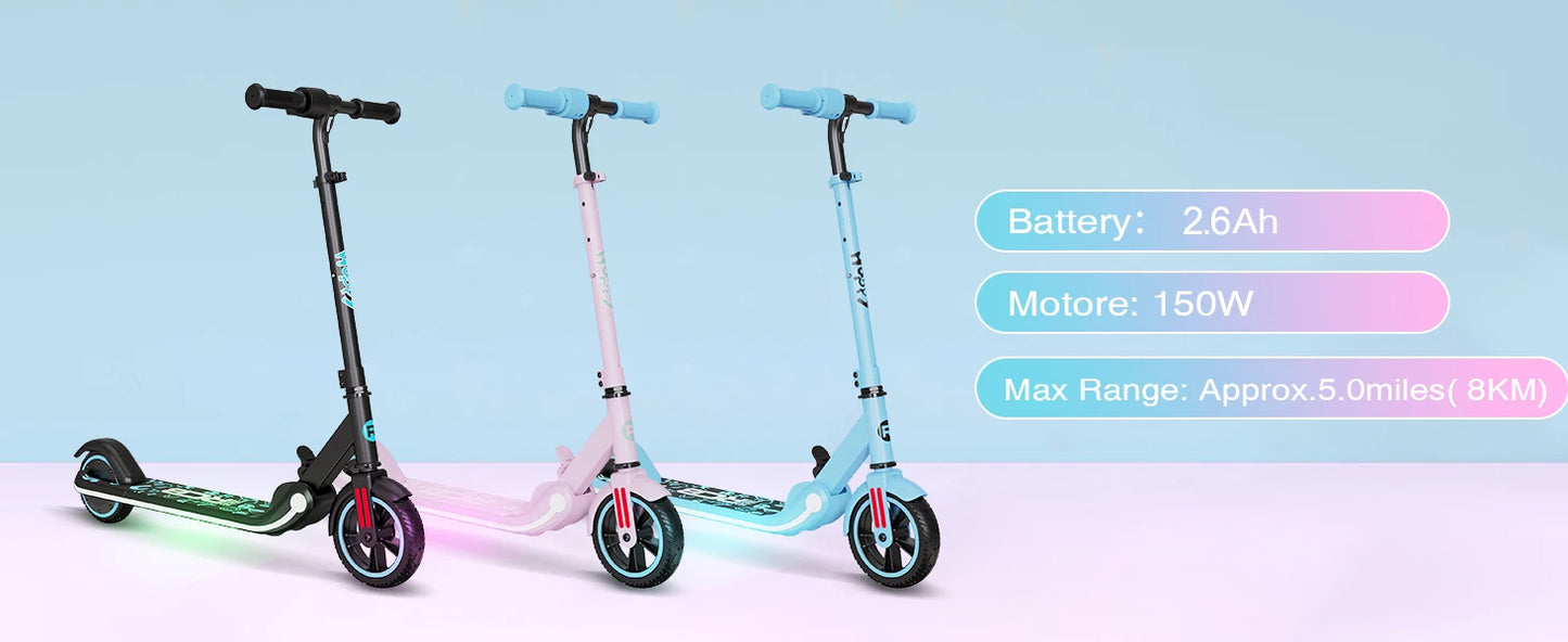 RCB Electric Scooter for Kids Ages 6-12 Years,  Up to 16KM/H & 8KM, LED Display, Colorful LED Lights, Lightweight Kids E Scooter