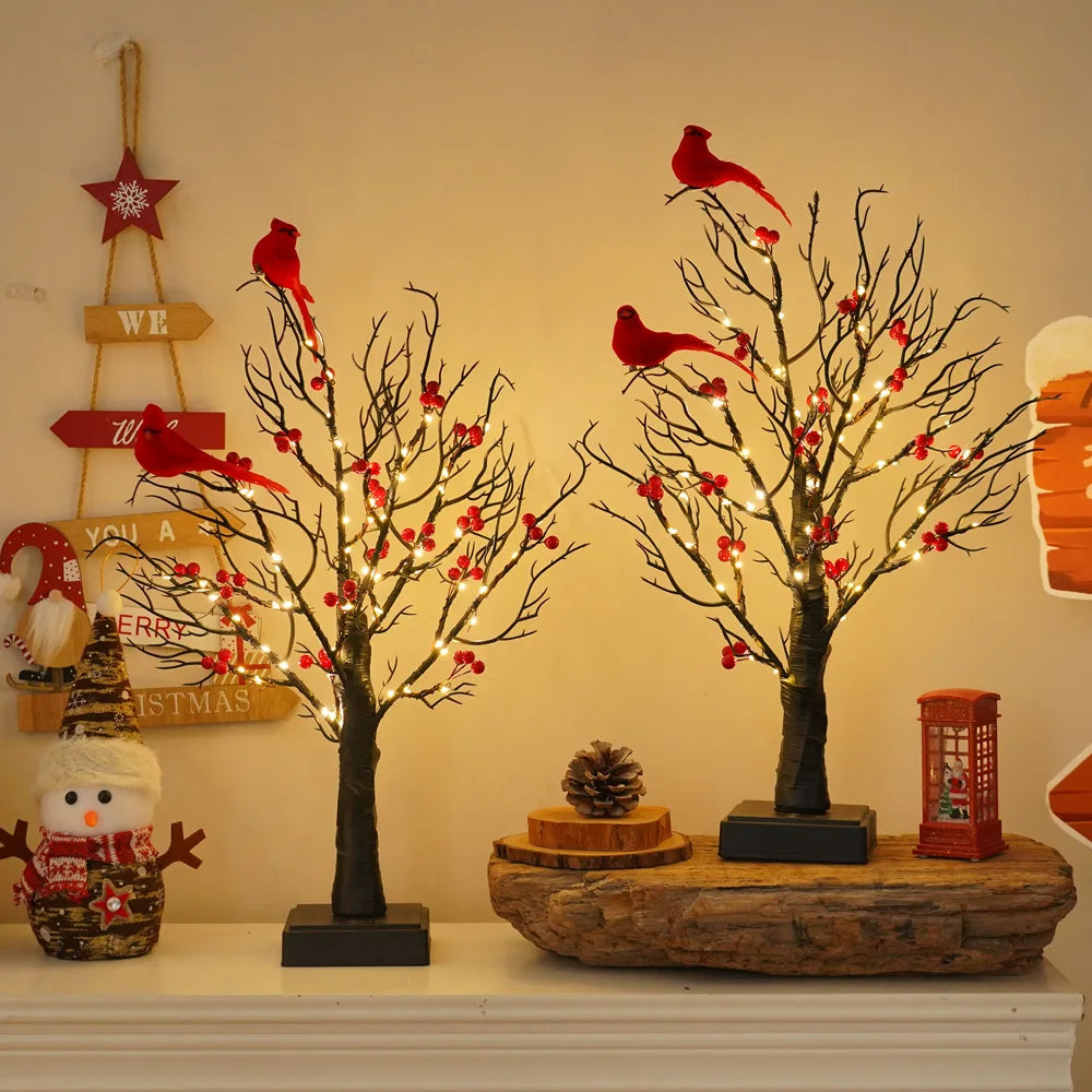 60 LED Pre-Lit Birch Twig Christmas Tree with Birds – Battery or USB Powered