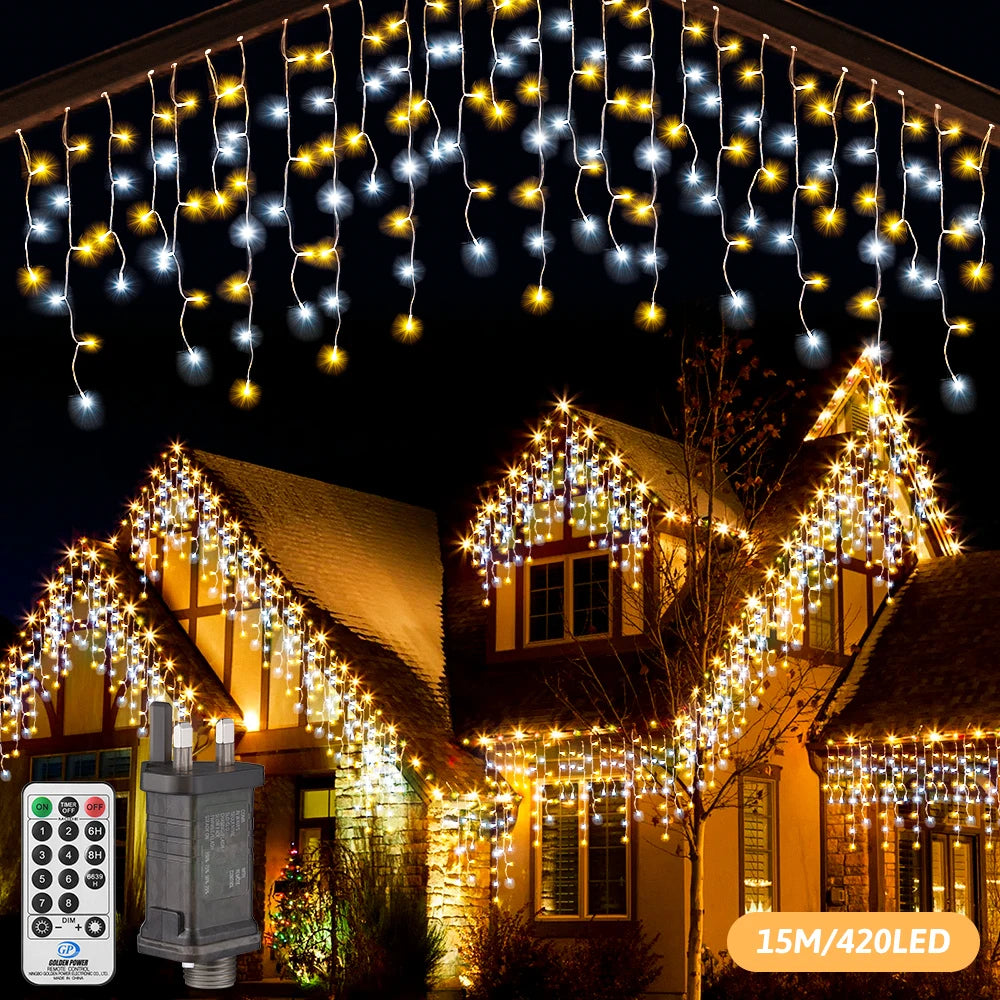 15M LED String Lights Curtain Icicle Light Fairy Decoration Holiday Garland Lamp For Home Garden Christmas Party New Year Street