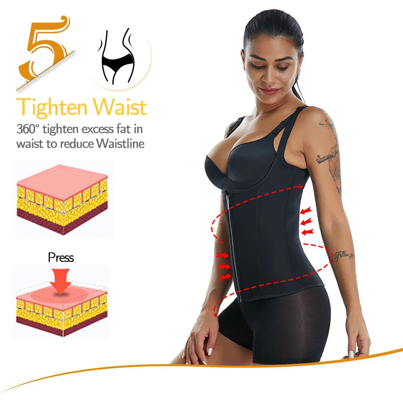 Women's Waist Trainer Sauna Sweat Vest Corset Body Shaper Neoprene Shapewear Gym Workout Tank Top Black Slimming Top with Zipper