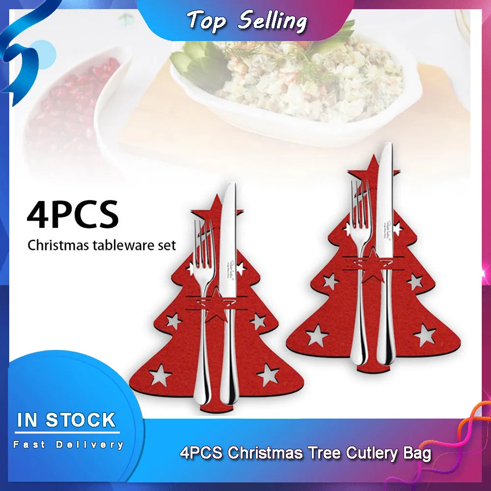 4PCS Christmas Tree Cutlery Bag Unique Exquisite Cutlery Holder Organizer Christmas Table Knife Fork Holder Party Decoration