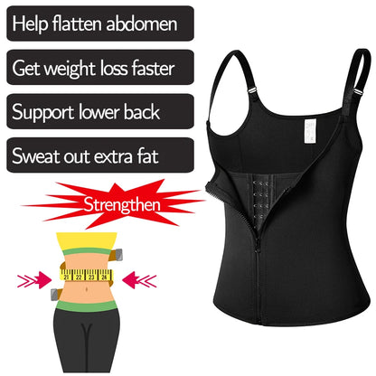 Women's Waist Trainer Sauna Sweat Vest Corset Body Shaper Neoprene Shapewear Gym Workout Tank Top Black Slimming Top with Zipper