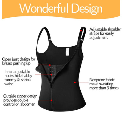 Women's Waist Trainer Sauna Sweat Vest Corset Body Shaper Neoprene Shapewear Gym Workout Tank Top Black Slimming Top with Zipper