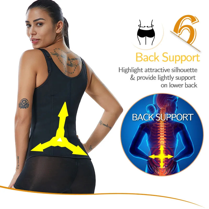 Women's Waist Trainer Sauna Sweat Vest Corset Body Shaper Neoprene Shapewear Gym Workout Tank Top Black Slimming Top with Zipper