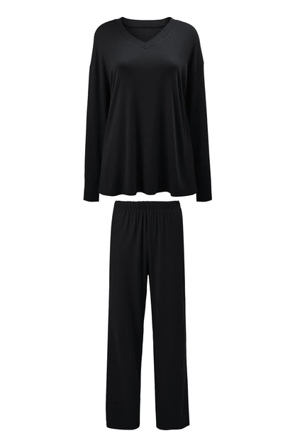 Modishion Women's V-neck long-sleeved pajamas home wear set loose and comfortable simple and fashionable Sleepwear