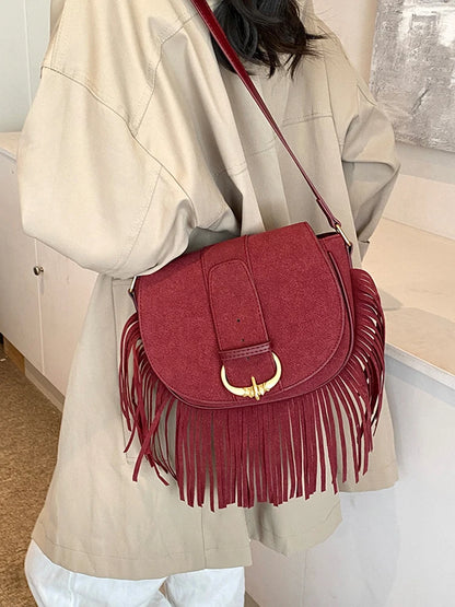 Women Suede Crossbody Bag with Tassels Shoulder Bag Zipper Closure Handbag Satchel Bag for Work Travel