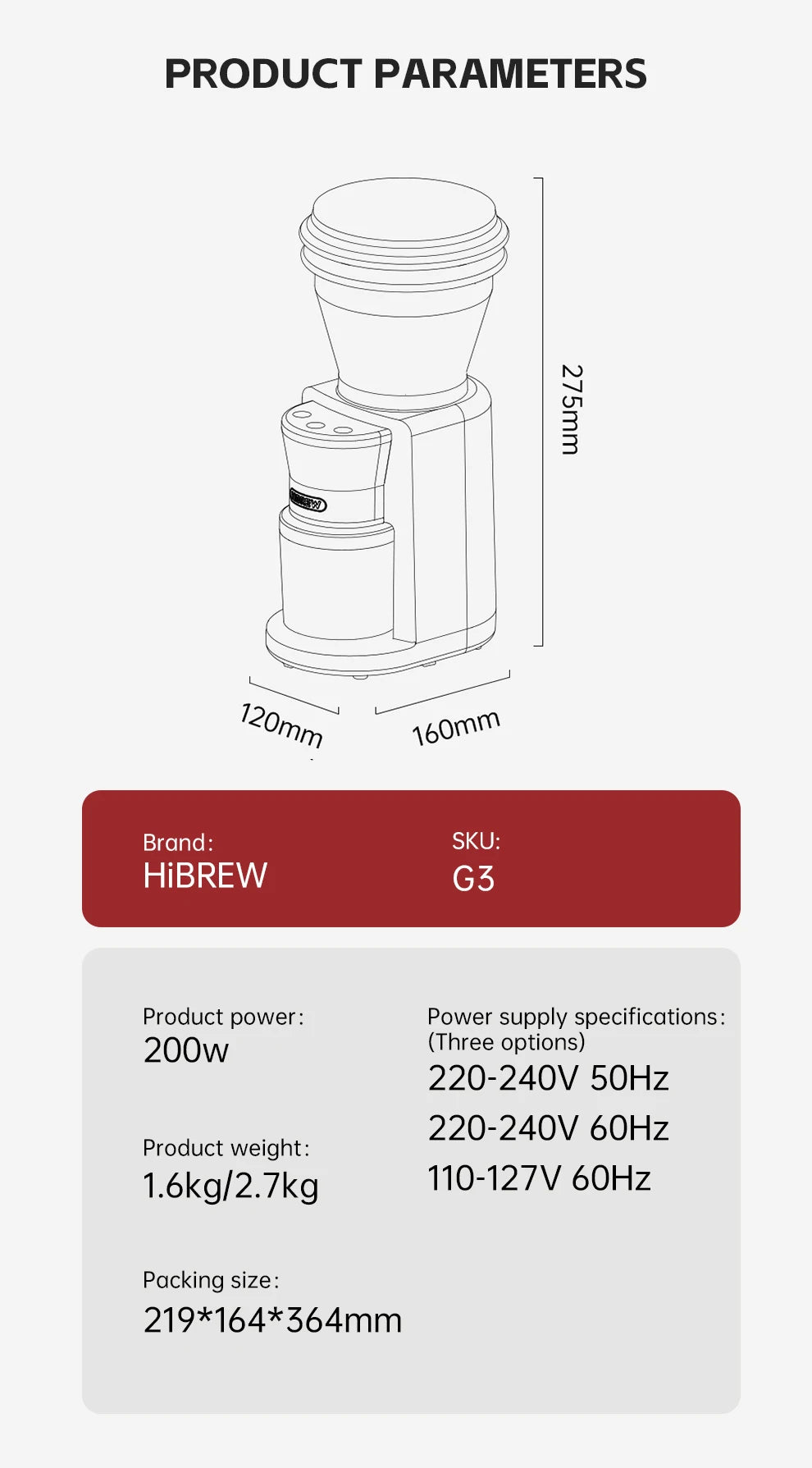 HiBREW Automatic Burr Mill Electric Coffee Grinder with 31 Gears for Espresso American Coffee Pour Over Visual Bean Storage G3