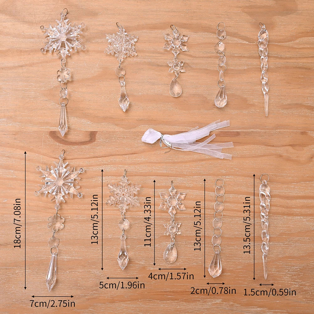 10Pcs Crystal Christmas Tree Ornaments Acrylic Snowflake Icicle Drop Crystal Hangings Decorative for Xmas Tree