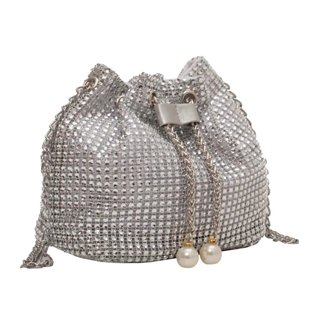 Women Chain Crossbody Bag Solid Color Rhinestone Glittering Satchel Bag Drawstring Bling Bucket Bag Female Dating Bag