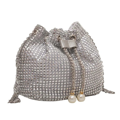 Women Chain Crossbody Bag Solid Color Rhinestone Glittering Satchel Bag Drawstring Bling Bucket Bag Female Dating Bag