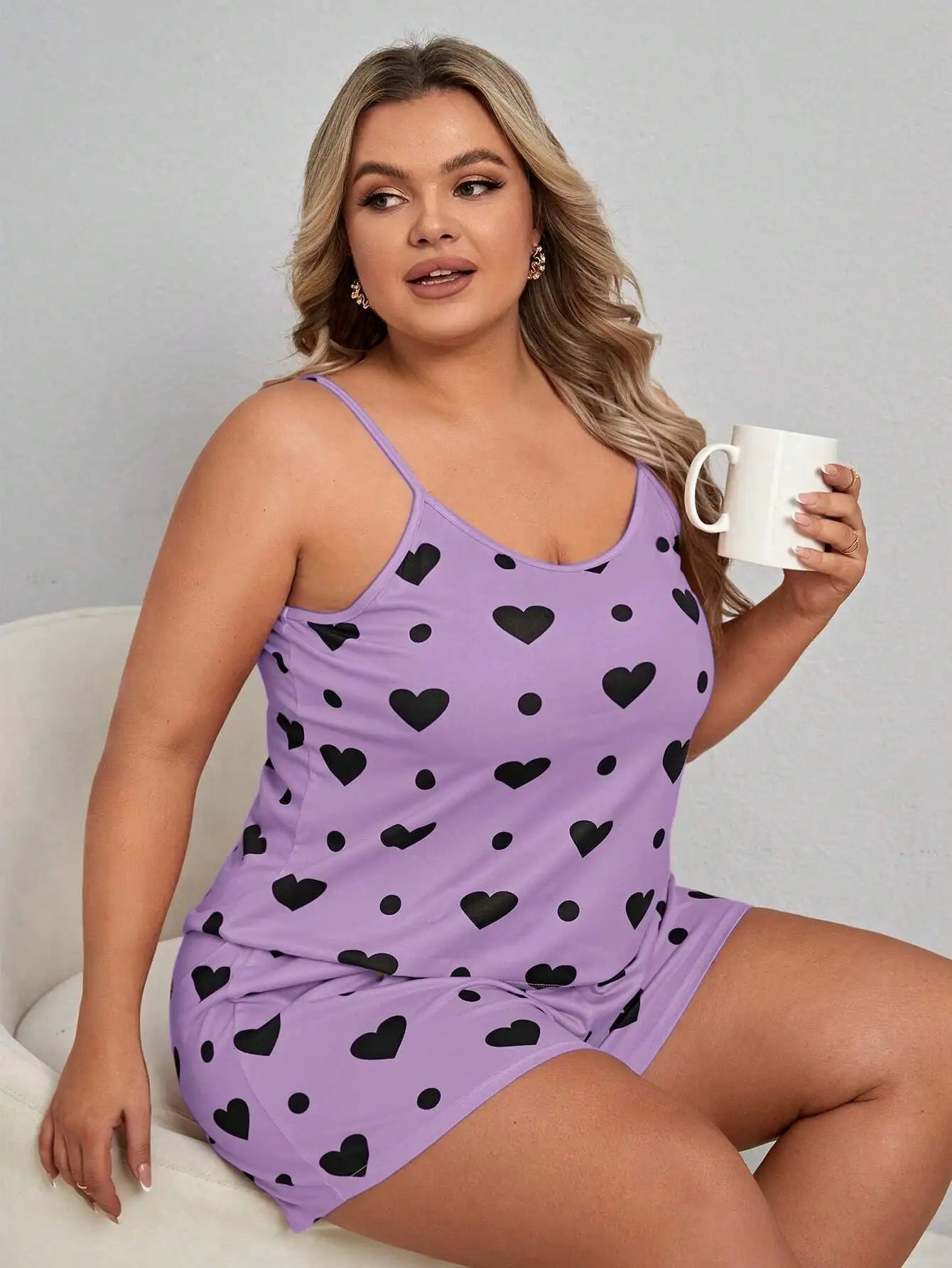 Plus Size Heart Printed Pajamas Set