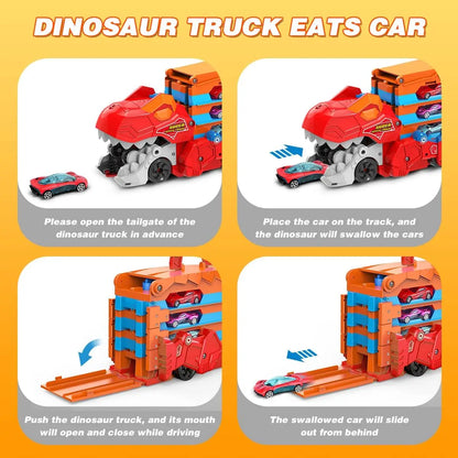 Dinosaur 3-In-1 Transport Truck Car Toys for Boys Age 3+ 8 Race Cars Ejection Folding Portable Track Toy with Sound for Kids