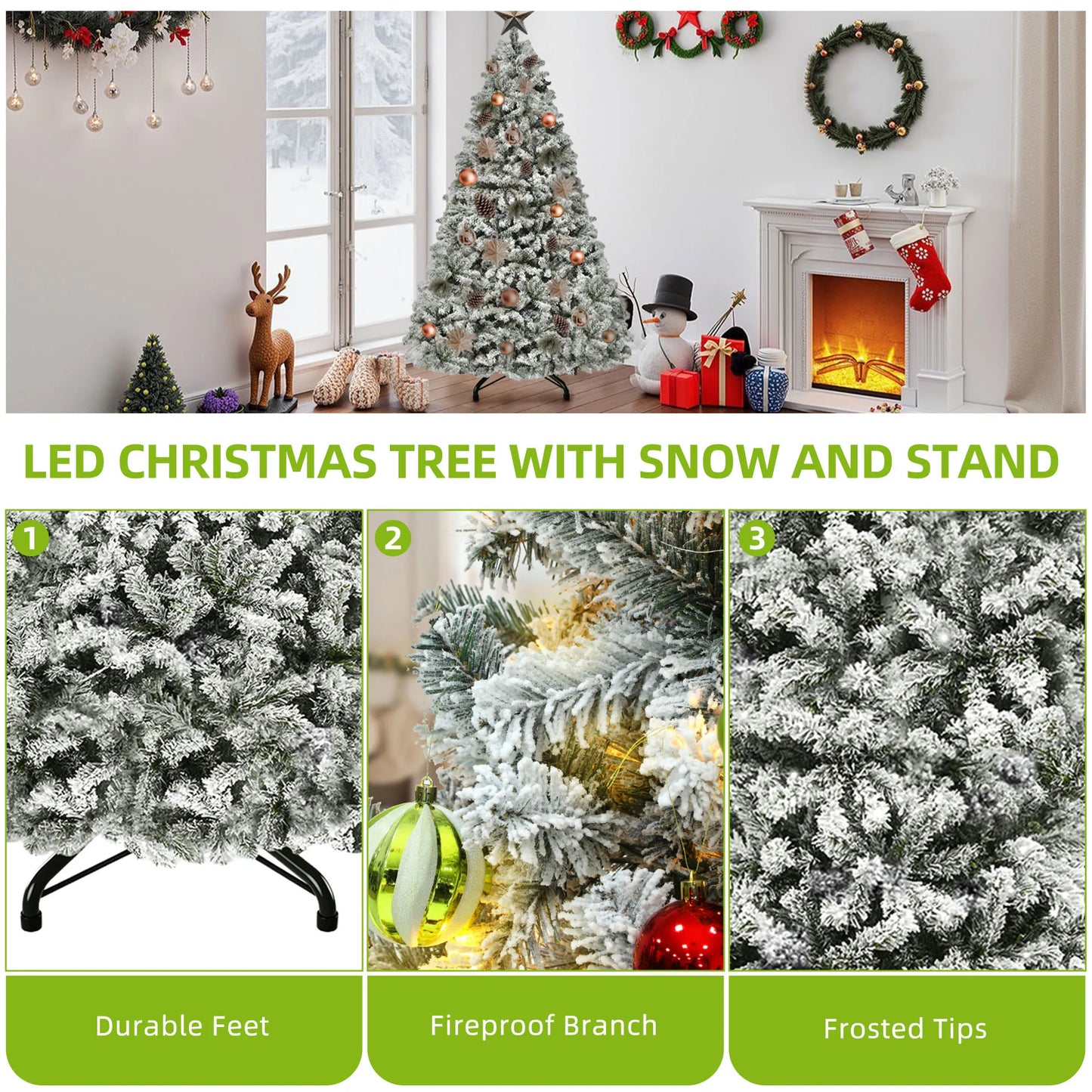 Balconera 6ft Pre-Lit Snow Flocked Christmas Tree - 800 Tips & 250 Lights with 8 Modes, Foldable Base