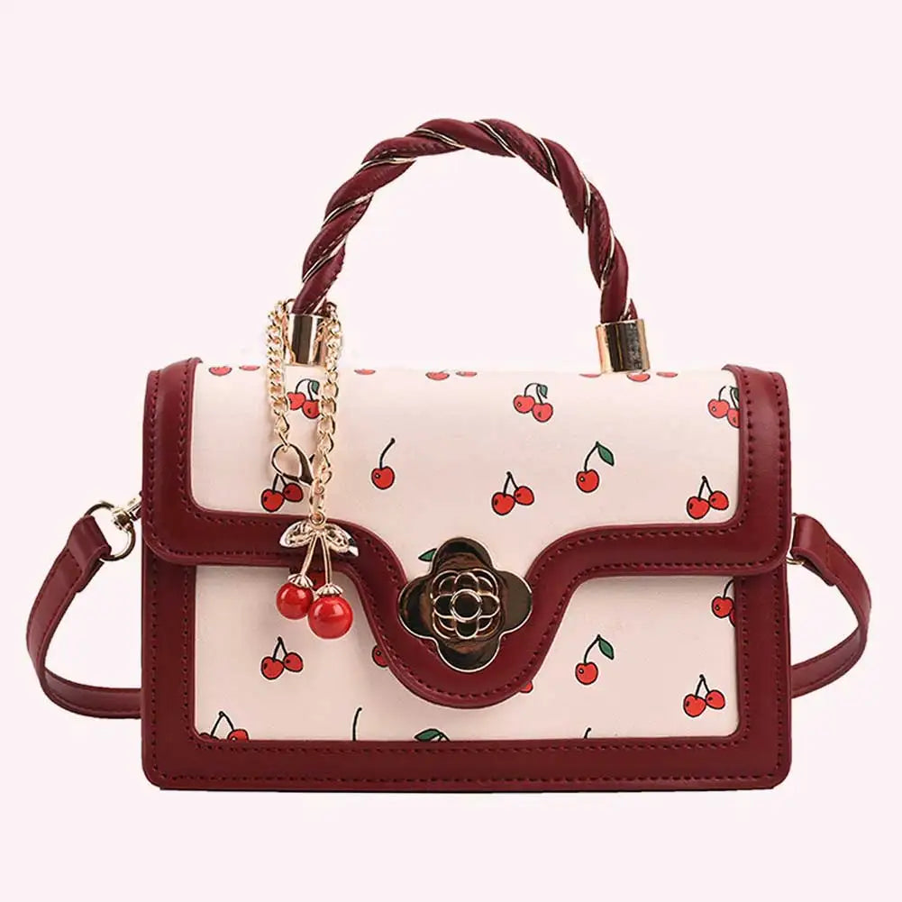 Women Cherry Square Chain Bag PU Leather Fashion Small Satchel Bag Versatile Cherry Pattern Sling Bag Female Daily Commute Bag