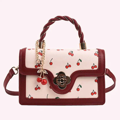 Women Cherry Square Chain Bag PU Leather Fashion Small Satchel Bag Versatile Cherry Pattern Sling Bag Female Daily Commute Bag