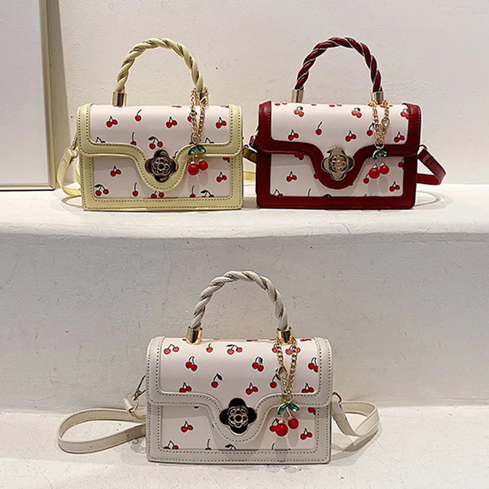 Women Cherry Square Chain Bag PU Leather Fashion Small Satchel Bag Versatile Cherry Pattern Sling Bag Female Daily Commute Bag