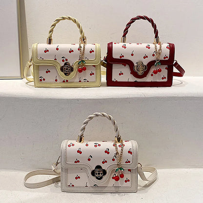 Women Cherry Square Chain Bag PU Leather Fashion Small Satchel Bag Versatile Cherry Pattern Sling Bag Female Daily Commute Bag