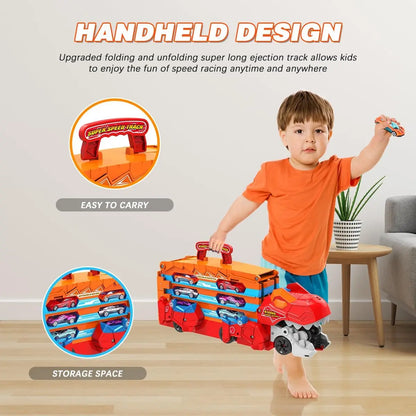 Dinosaur 3-In-1 Transport Truck Car Toys for Boys Age 3+ 8 Race Cars Ejection Folding Portable Track Toy with Sound for Kids