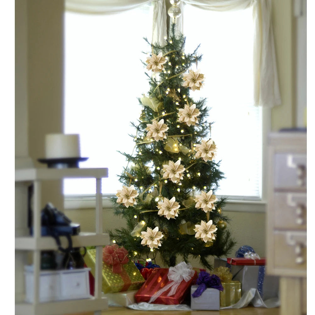24 Pcs Christmas Tree Flower Decorations Glitter Artificial Flower Ornaments Christmas New Year Party Holiday Home Decoration