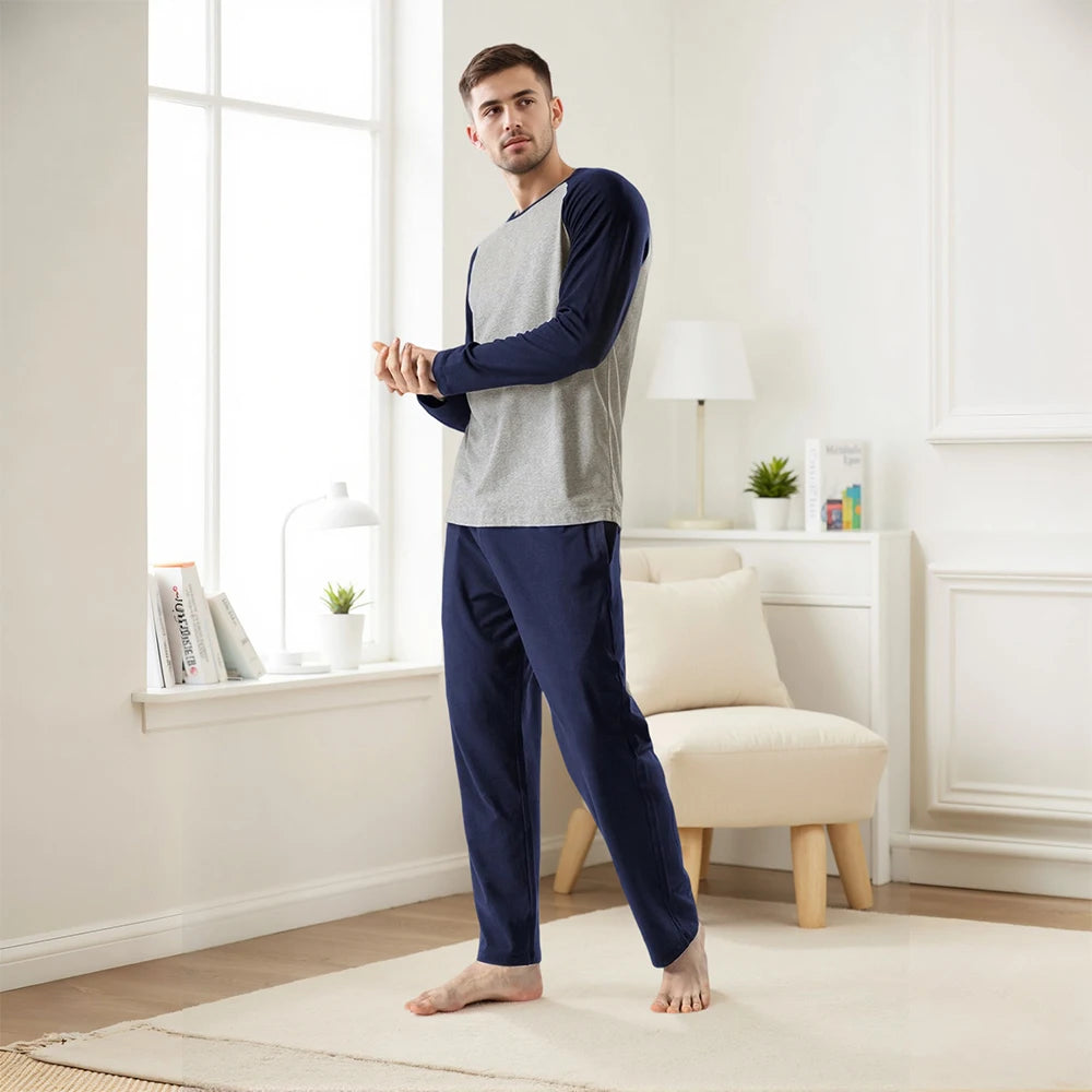 Modishion Men's Long Sleeve Cotton Pajama Set Modal Home Clothes Long Shirt Pants Pajamas