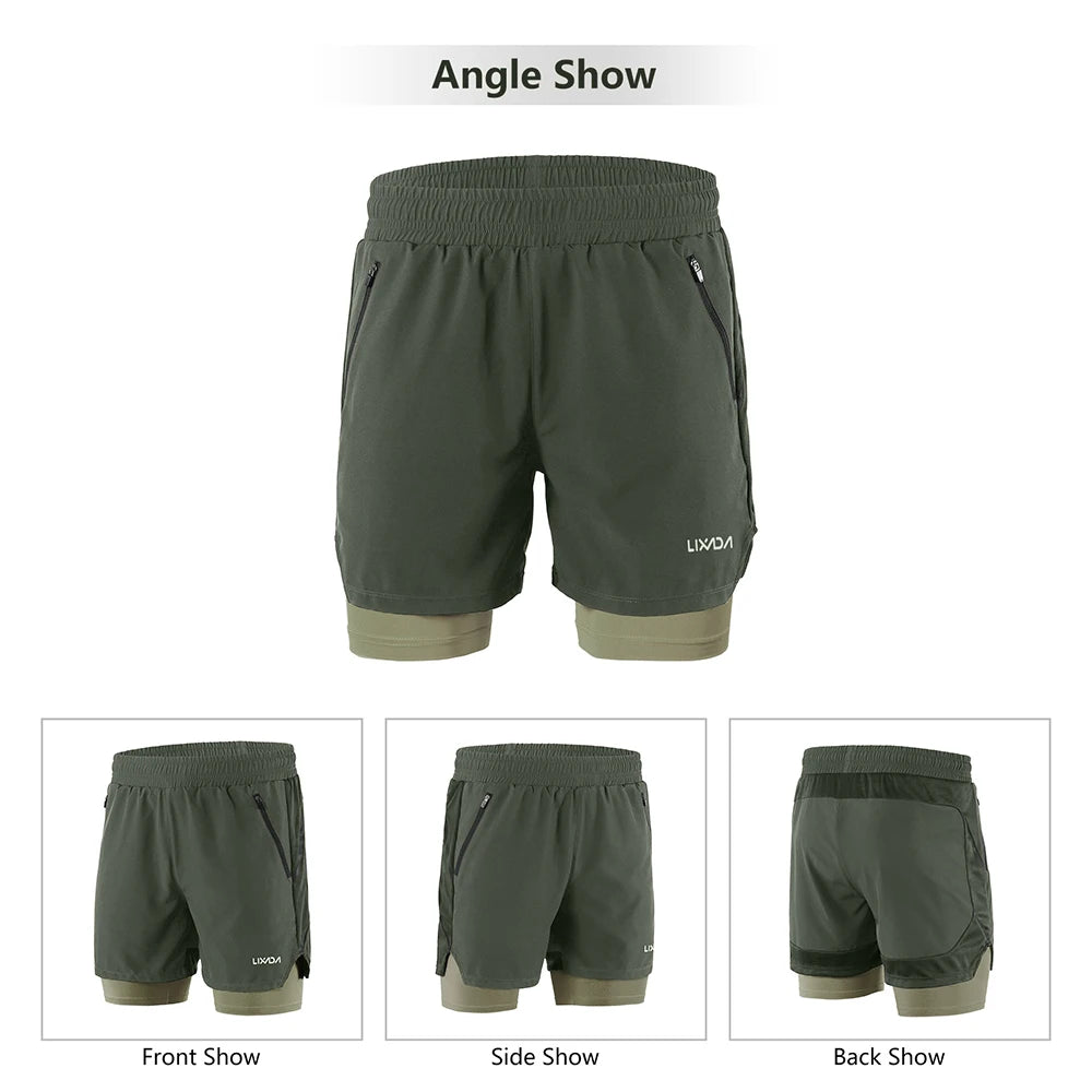 Lixada Men 2 in 1 Running Shorts Quick Drying Breathable Active Training Exercise Jogging Marathon Cycle Shorts