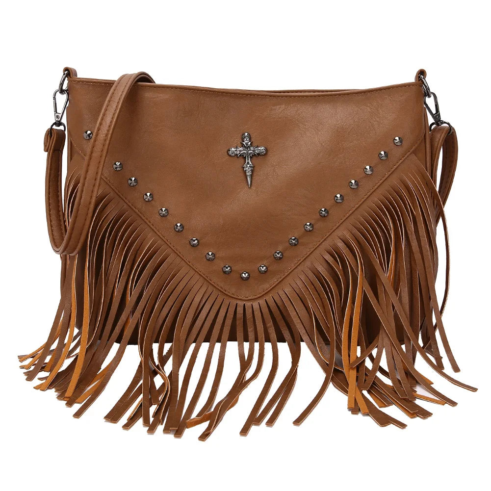 Women PU Studded Tassel Shoulder Bag Large Capacity Bohemian Messenger Bag Adjustable Strap Tassel Hobo Bag for Party Vacation