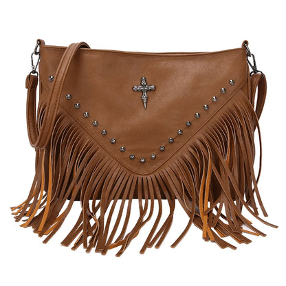 Women PU Studded Tassel Shoulder Bag Large Capacity Bohemian Messenger Bag Adjustable Strap Tassel Hobo Bag for Party Vacation